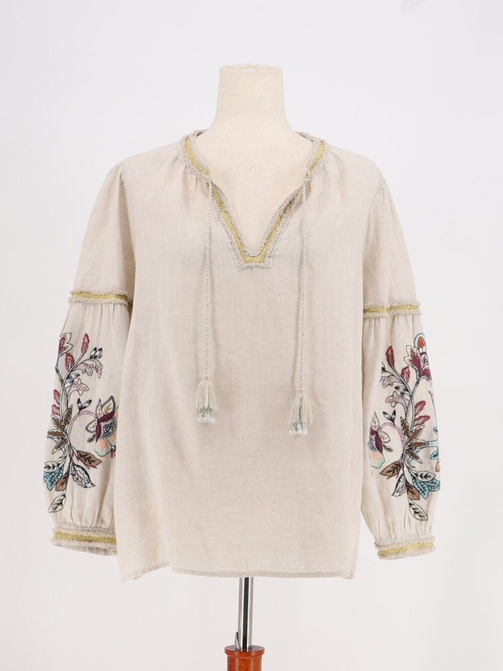 CHICO'S Linen Embroidered Tassel Tie Bell Sleeve Peasant Tunic Top Beige Size 10